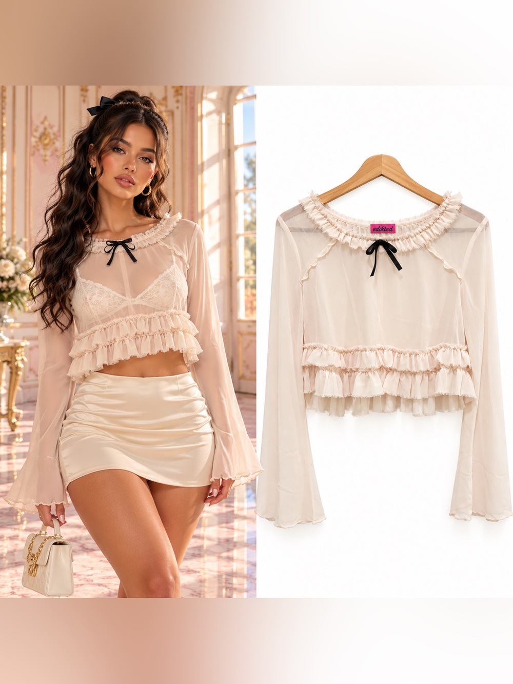 Edikted Grace Sheer Ruffle Chiffon Top Beige Bow Coquette Long Sleeve